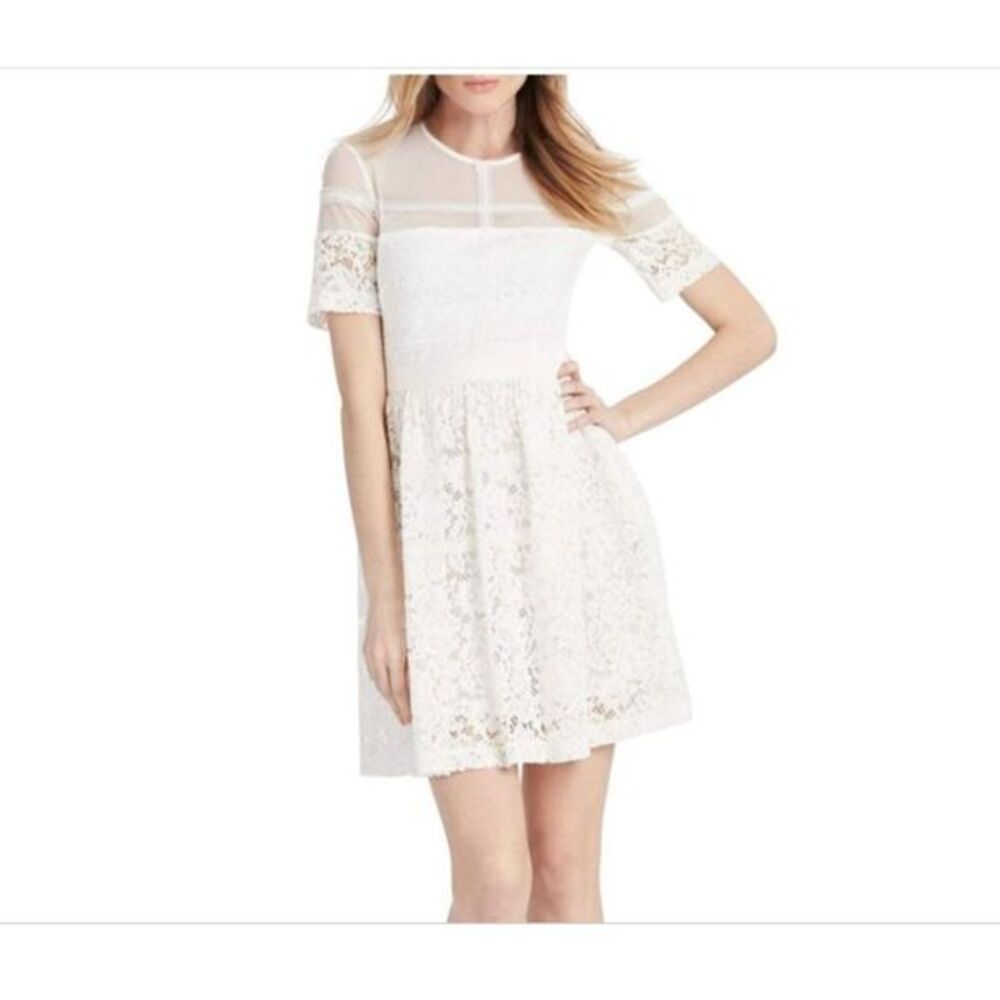 Donna Morgan Anthropologie Dress Sz 8‎ Illusion Yoke Lace Coquette Mini Romantic